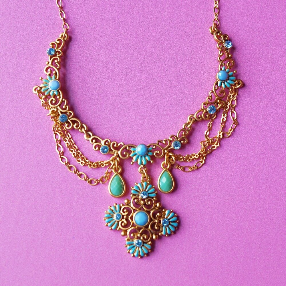 Gold Plate & Turquoise Cabochon Victorian Revival Filigree Necklace By 1928